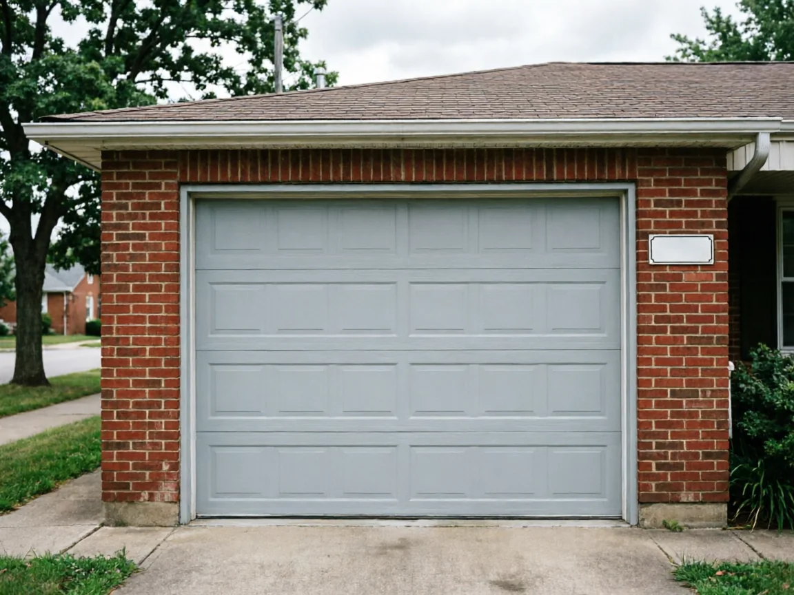 The light gray garage door is closed on a brick house with a brown roof.